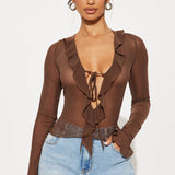 Camisa Top Brooklyn Long Sleeve Ruffle - Chocolate