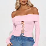 Camisa Top Royal Off Shoulder Lace Up - Rosa