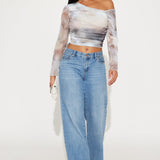 Camisa Top Amy Long Sleeve Mesh Off Shoulder - Multicolor
