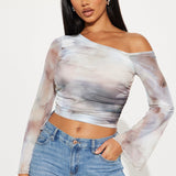 Camisa Top Amy Long Sleeve Mesh Off Shoulder - Multicolor