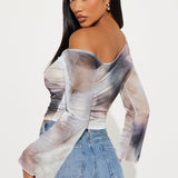 Camisa Top Amy Long Sleeve Mesh Off Shoulder - Multicolor
