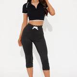 Mallas Valentina Solid Lace Trim Capri - Negro