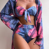 Banador bikini bandeau con estampado tropical con nudo delantero con kimono