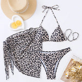 Leopard Halter Triangle Bikini Swimsuit With Beach Skirt