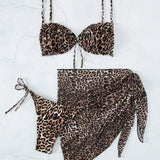 Banador bikini con estampado de leopardo con cordon lateral con falda de playa