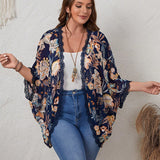 EMERY ROSE Kimono con estampado tropical con encaje en contraste