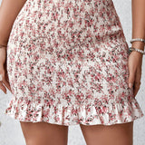 VCAY Plus Ditsy Floral Print Ruffle Hem Skirt