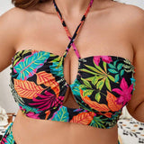 Swim Vcay Talla grande Top bikini halter con estampado tropical con tira cruzada