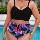 Swim Curve Talla grande Banador bikini con estampado tropical girante delantero