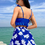 Banador bikini con estampado floral ribete con fruncido con falda de playa