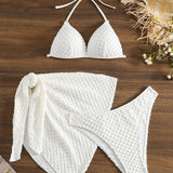 White Halterneck Swimsuit Set And Beach Skirt