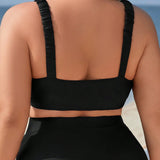 Swim Curve Camiseta De Bikini Con Cuello En V Fruncido Y Talla Grande Para Mujeres