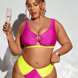 Swim Curve Conjunto De Bikini De Talla Grande Con Diseno De Bloques De Color Y Decoraciones Circulares