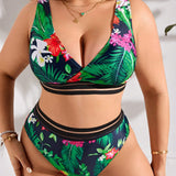 Swim Vcay Conjunto De Bikini Con Estampado Tropical Y Ribetes De Rayas De Talla Grande Carnival