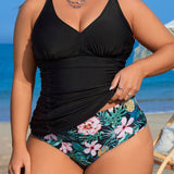 Swim Lushore Conjunto De Bikini Con Top Camisola Plisado De Color Liso De Talla Grande Y Braguitas Triangulares Con Estampado Tropical Al Azar