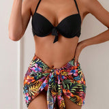 Halter Neck Gathered Top Printed Bottom Bikini Set With Heating Belt