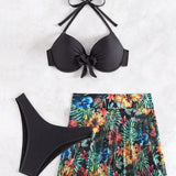 Women's Solid Color Steel Support Halter Top Triangle Brief Tropical Plants Printed Cover Up Skirt Swimsuit 3pcs/Set, Bikini Swimwear Bathing Suit Beach Outfit Summer Vacation
