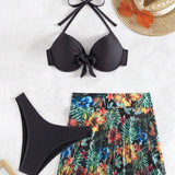 Women's Solid Color Steel Support Halter Top Triangle Brief Tropical Plants Printed Cover Up Skirt Swimsuit 3pcs/Set, Bikini Swimwear Bathing Suit Beach Outfit Summer Vacation