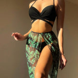 Tropical Printed Cover Up And Solid Color Bikini Set For Vacation