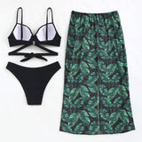 Tropical Printed Cover Up And Solid Color Bikini Set For Vacation