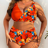 Swim Curve Conjunto De Traje De Baño Bikini Con Estampado Floral De Talla Grande Con Top De Tirantes Y Fondo Triangular
