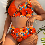Swim Curve Conjunto De Traje De Baño Bikini Con Estampado Floral De Talla Grande Con Top De Tirantes Y Fondo Triangular