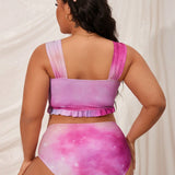 Swim Mod Plus Size Women's Splice Color Printing Front Tie Design Two-Piece Swimsuit