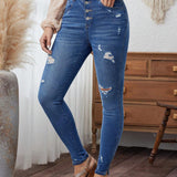 LUNE Jeans Ajustados De Mujer Con Botones Delanteros Y Agujeros Desgastados
