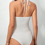 Prive Bodycon Bodysuit De Cuello Halter Para Mujer Con Textura Ondulada, Escote En Forma De U, Sin Espalda, Elegante Para El Verano