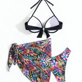 Halter Neck Gathered Top Printed Bottom Bikini Set With Heating Belt