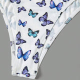 Qutie Body Con Panel De Encaje Y Tirantes Finos Con Estampado De Mariposas Para Mujer