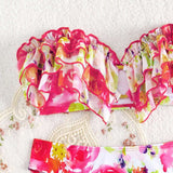 Conjunto De Bikini Bandeau Con Volantes Y Estampado Floral Para Mujer