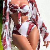 3 Piezas/set Bikini Bandeau De Mujer Con Estampado Geometrico Y Detalle De Nudo Delantero, Traje De Bano De Playa Para El Verano