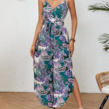 VCAY Women's Vintage Printed Casual Belted Jumpsuit For Vacation