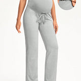 BASICS Pantalones largos de moda de maternidad para mujer con cintura alta de punto y cordon