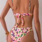 Bikini Estampado Floral Con Tirantes Finos Para Mujer, Conjunto De Dos Piezas
