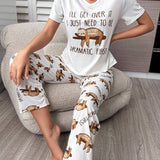 Conjunto de pijama pantalones con camiseta perezoso & con estampado de slogan con abertura