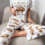 Conjunto de pijama pantalones con camiseta perezoso & con estampado de slogan con abertura