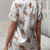 Conjunto de pijama con estampado de oso ribete en contraste de saten