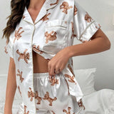 Conjunto de pijama con estampado de oso ribete en contraste de saten