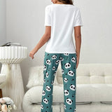 Conjunto de pijama pantalones con camiseta con estampado de panda y slogan
