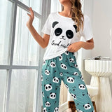 Conjunto de pijama pantalones con camiseta con estampado de panda y slogan