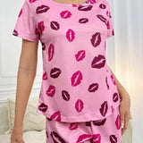 Conjunto de pijama shorts con camiseta con estampado de labio