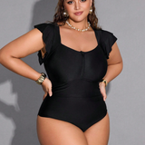 Traje de baño de una pieza talla grande con cuello cuadrado, volantes en los brazos, cierre con cremallera
