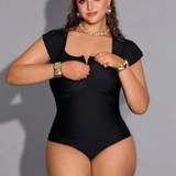 Traje de baño de una pieza talla grande con cuello cuadrado, volantes en los brazos, cierre con cremallera