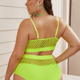 Conjunto de bikini con superposición de rejilla verde neón Plus Top de tirantes y traje de baño de 2 piezas con bottom de talle alto