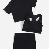 Conjunto de Yoga inconsutil de 3 piezas, traje deportivo con espalda de corredor, Brasier deportivo, Camiseta corta de cuello redondo, shorts de cintura ancha