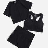 Conjunto de Yoga inconsutil de 3 piezas, traje deportivo con espalda de corredor, Brasier deportivo, Camiseta corta de cuello redondo, shorts de cintura ancha