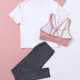 Yoga Trendy de espalda con tira cruzada Brasier deportivo & con estampado de letra Camiseta deportiva & Leggings deportivos