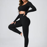 Yoga Basic Conjunto de 2 piezas de Pilates de Yoga de alta elasticidad inconsútil, camiseta deportiva con agujeros para los pulgares y mallas con control de barriga